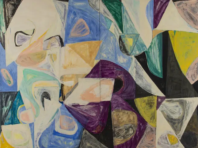 Diptyque d'Henri Castella, 225 x 300 cm, huile et laque sur toile, signé du cachet de l'atelier au dos, vers 1970